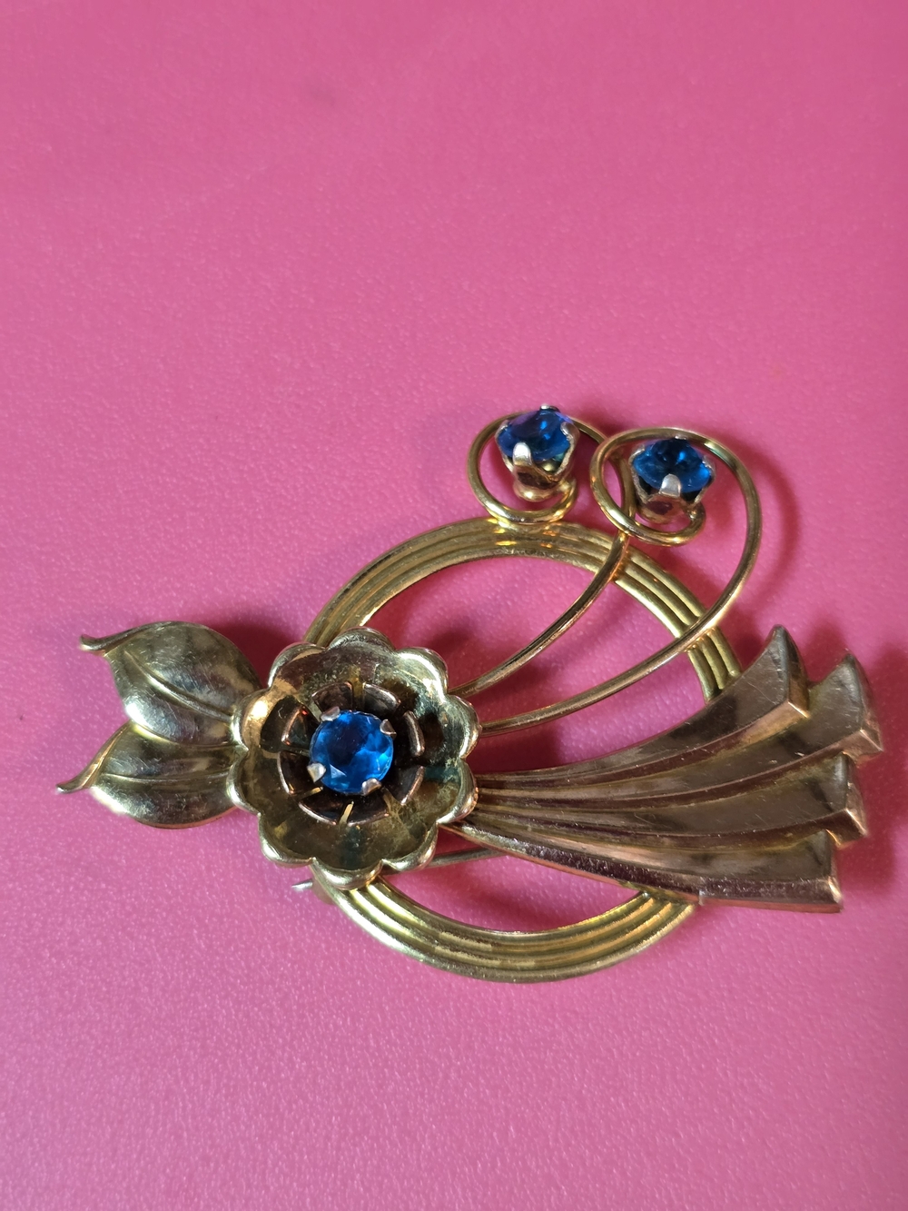 Vtg. Iskin Gold-tone V/20 12K GP Floral Brooch 2.25 with Blue Stones
